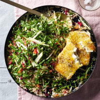 Rainbow chard and orzo salad with crispy feta.