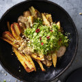 Karen Martini’s roasted autumn salad with chilli maple dressing and peanut and tofu mayo.