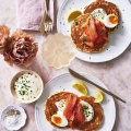 Julia Busuttil Nishimura’s chive pancakes with smoked salmon and creme fraiche.