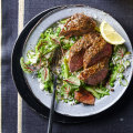 Jerk-spiced lamb with pickle rice salad and peas.