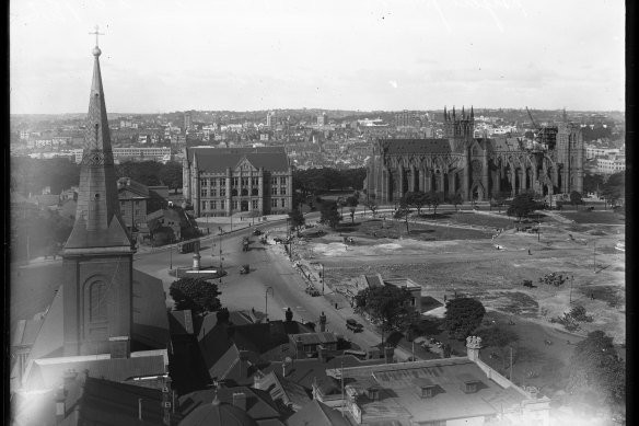 Construction at Hyde Park and St Mary's Cathedral, Sydney, May 16, 1928.