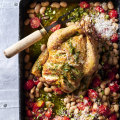 Tomato, bean and chicken tray bake with mint pesto.