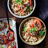 Koshari-style rice with spice-roasted tomatoes.