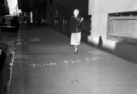 Graffiti against the Bill banning the Communist party outside Security headquarters in Pitt Street, Sydney in October, 1950.