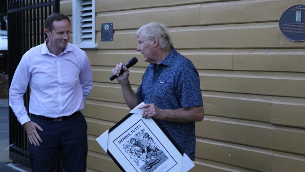 Inner West Council Mayor Darcy Byrne and Dennis Tutty at the unveiling of a plaque.