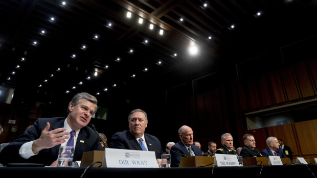 From left, FBI Director Christopher Wray, CIA Director Mike Pompeo, Director of National Intelligence Dan Coats, Defense Intelligence Agency Director Robert Ashley, National Security Agency Director Adm. Michael Rogers, and National Geospatial-Intelligence Agency Director Robert Cardillo at the Senate Select Committee on Intelligence hearing on worldwide threats.