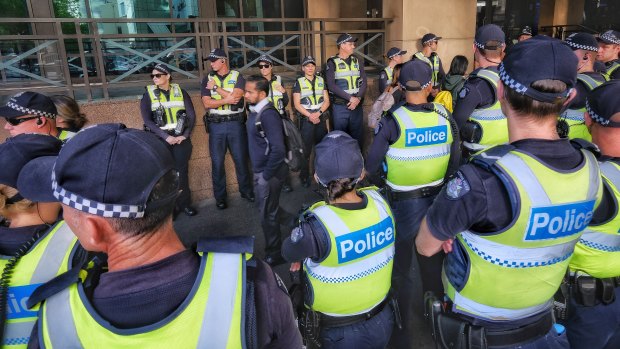 The police presence outside Melbourne Magistrates Court on Monday morning.