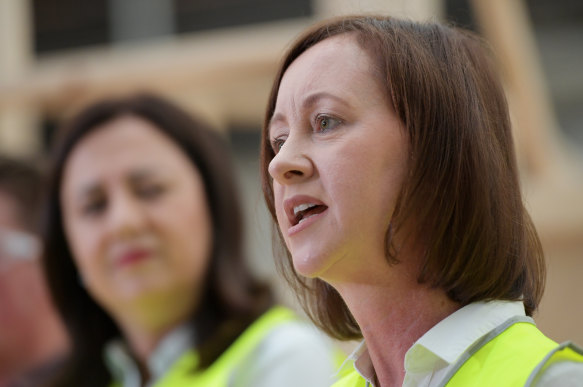 Attorney-General Yvette D'Ath and Minister for Training and Skills (right) and Queensland Premier Annastacia Palaszczuk speak.