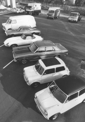 Five cars and a van bought by Peter Macari with the $500,000 he extorted from Qantas. Qantas auctioned the cars in order to recover part of the ransom money. 20 April 1972. 
