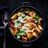 Oven-baked pork ragu and rag pasta with burrata.