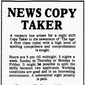 An advertisement for a copytaker in 1982, when the style was two words, copy taker.