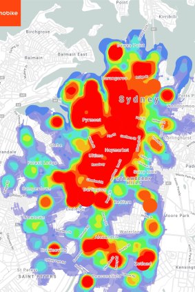 This map shows the most common trip start locations for Mobike users in Sydney.