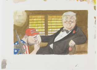 Make America great again –  Donald Trump the godfather, 2020 by John Shakespeare, features in the State Library of NSW’s A Century of Satire exhibition.