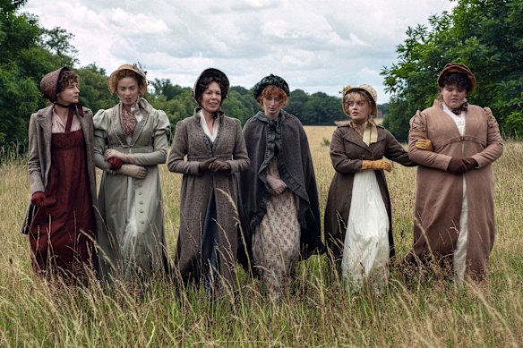 From left: Emma Corrin, Freya Mavor, Olivia Colman, Hopey Parish, Rhea Norwood and Hollie Avery in Pride and Prejudice.