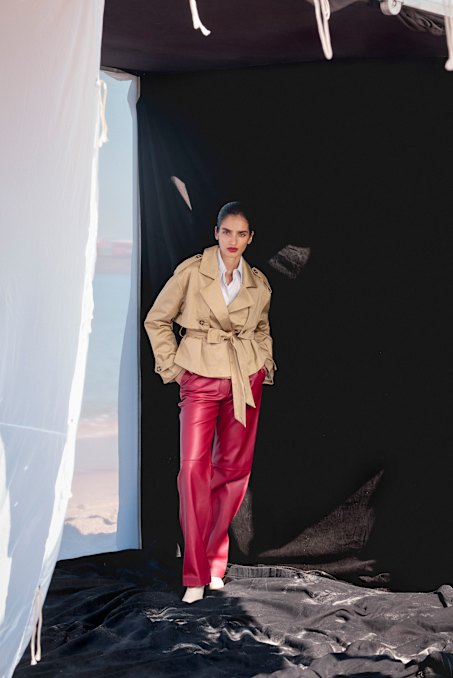 Frame trench coat, $1200. Camilla and Marc “Blaise” shirt, $350, and “Selita” leather pants, $1500. Tod’s shoes, $1670.