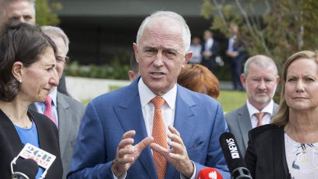 Prime Minister Malcolm Turnbull announces the western Sydney ‘‘city deal’’ with NSW Premier Gladys Berejiklian and western Sydney mayors on Sunday. 