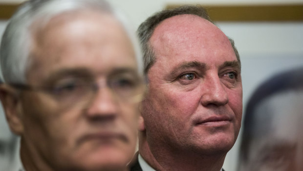 Former Nationals leader Barnaby Joyce listens to the party's new leader, Michael McCormack, address the media on Monday.