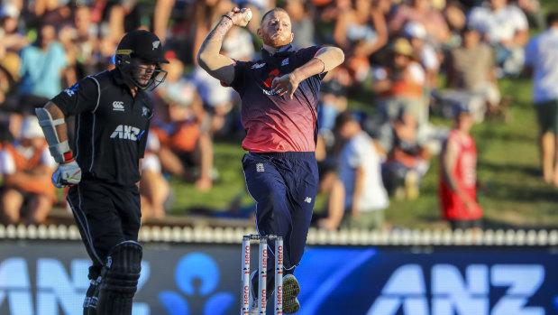 Back in the attack: Ben Stokes bowls during England's ODI match against New Zealand in Hamilton on, Sunday.