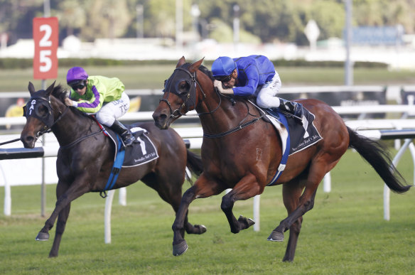 Blake Shinn rides Happy Clapper to win the Canterbury Stakes.