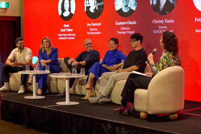 Panellists (from left) Pete Learmonth, Lightspeed; Petrina Baker, Baker and Frost; Joe Durrant, The Recreation; Christy Tania, Glace Dessert, Kantaro Okada, Tsunagu Project and host Dani Valent.
