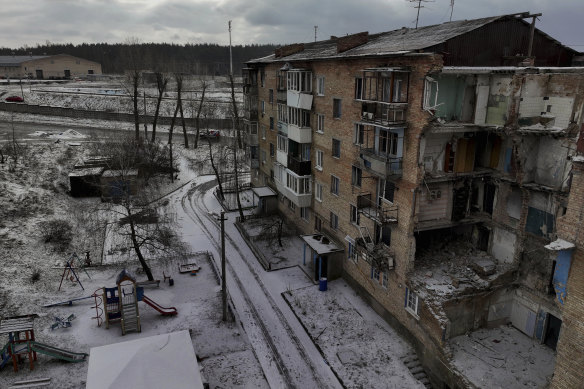 Destroyed buildings in Horenka, near Kyiv, in Ukraine on Wednesday.