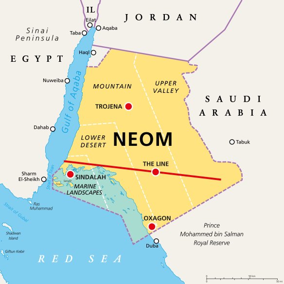 NEOM is sited in the north-west of the country, bordering Jordan and Egypt. The world’s largest construction project, it covers the equivalent area of about 33 New York cities.