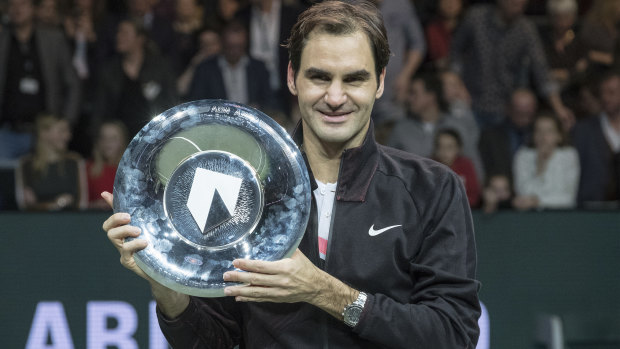 Roger Federer celebrates winning the Rotterdam Open.