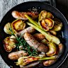 Cider braised sausages with apple, fennel and rosemary.