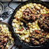 A rich, creamy pasta bake elevated by crispy pancetta-stuffed mushrooms.