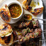 Picanha beef skewers with cheese-stuffed flatbreads.