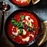 Creamy chipotle tomato soup with crispy chorizo and toasted seeds.