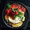 Crispy rice and herb fritters with mixed vegetable chilli kraut.