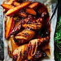 Harissa whole roast chicken and caramelised sweet potato