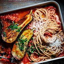 Give the Italian-American classic of pasta alla vodka a shake-up by adding fudgy roasted eggplant.