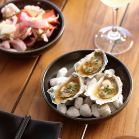 Oysters with apple and cucumber vinegar.