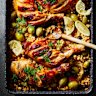 Sticky pomegranate and cous cous chicken tray bake.