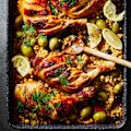 Sticky pomegranate and cous cous chicken tray bake.
