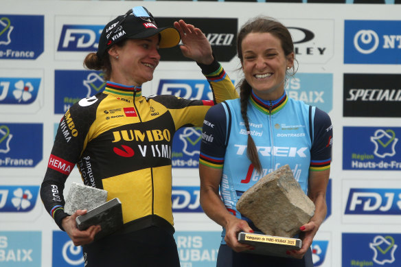 Elisabeth Deignan and Marianne Vos celebrate their one-two finish.