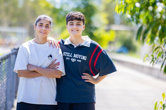 Atefeh Ramezanisadeh (left) and Fatemeh Pasandideh, former members of the Iranian Women’s Football Team, photographed in Brisbane, April 2026.
