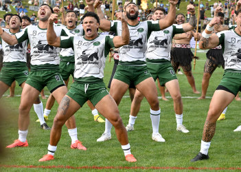 Hayze Perham front and centre of the Maori All Stars haka in Rotorua on Saturday.