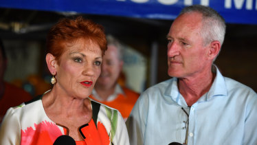 Steve Dickson and One Nation leader Senator Pauline Hanson speak to the media at the campaign party house.