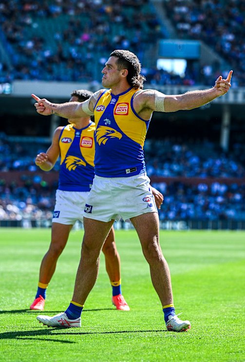 Jake Waterman of the Eagles celebrates.