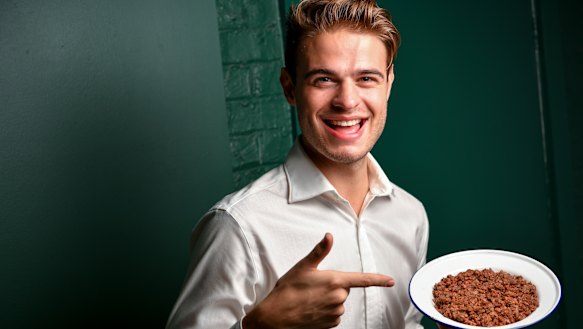Food Frontier chief executive Thomas King with plant-based meat from Hungry Planet. 
