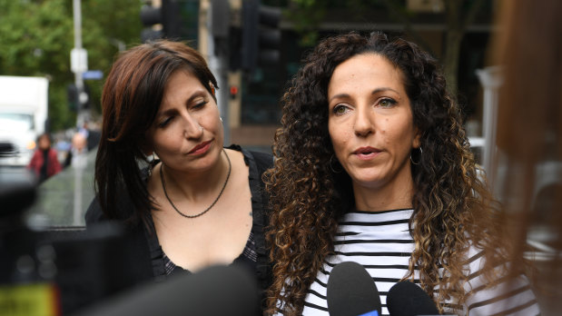 The former partner of Christopher Timms,  Jorgia Georgakopolous (left) and sister Kat Georgakopolous outside of the County Court.