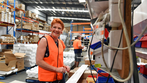One Nation Leader Senator Pauline Hanson visits a lighting factory.