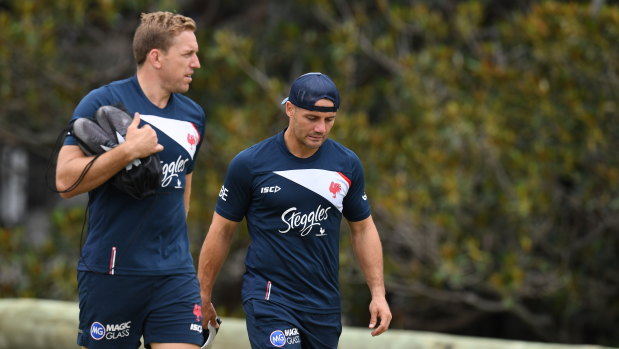 Veteran presence: Cooper Cronk, right with Mitchell Aubusson at Roosters training.
