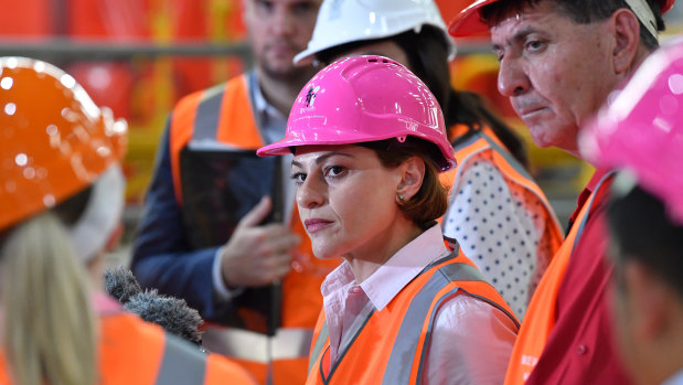 Deputy Premier Jackie Trad  at the Downer EDI rail manufacturing plant in Maryborough on Thursday.