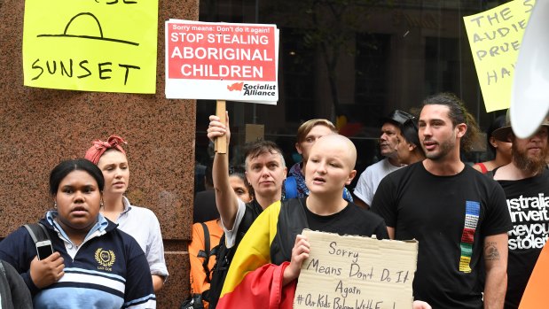 Protesters outside the Channel 7 television studios in Martin Place.