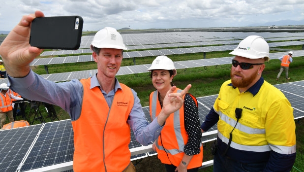 Labor Energy Minister Mark Bailey and Premier Annastacia Palaszczuk at Labor's solar energy election announcement.