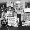 Art students at the Art Gallery of NSW, protest the awarding of the Archibald Prize to William Dargie for his portrait of Essington Lewis on January 24, 1953.